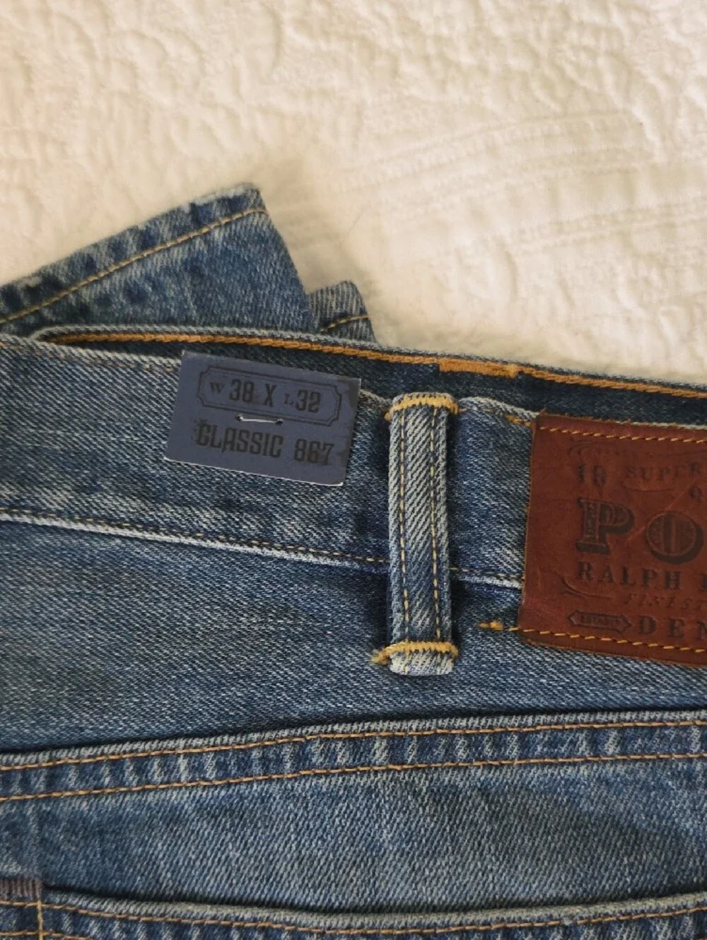Polo by Ralph Lauren Men’s Straight Leg Blue Jeans with Brown Leather Patch